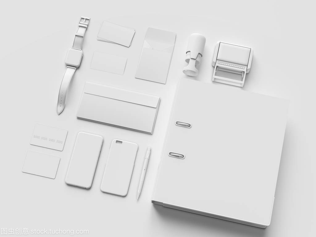 白色的文具 & 品牌样机。办公用品、 小玩意。3d 图